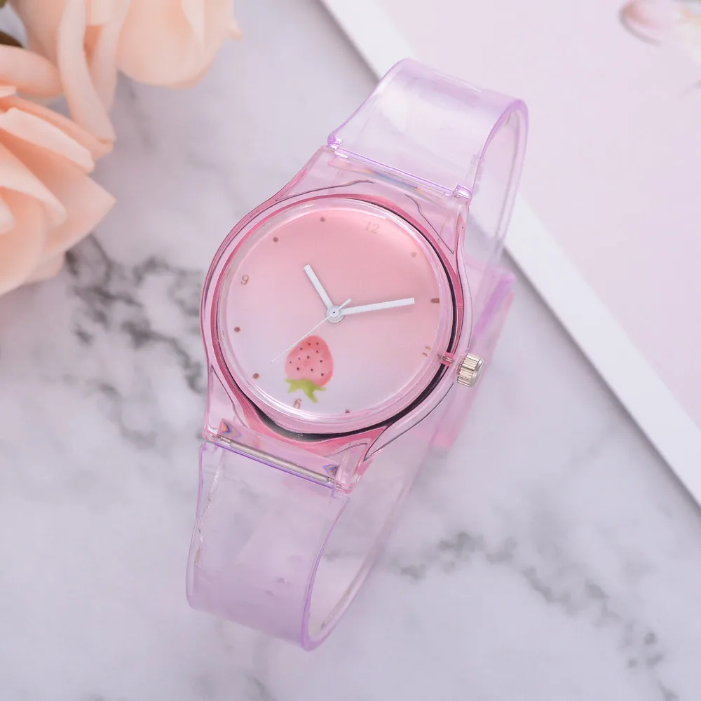 Фото Прозрачные силиконовые часы женские Спортивные кварцевые наручные с фруктовым
