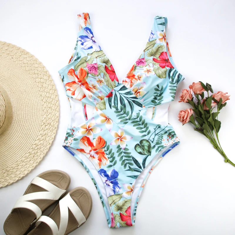 Женский Цельный купальник с цветочным принтом и открытой спиной слитный для