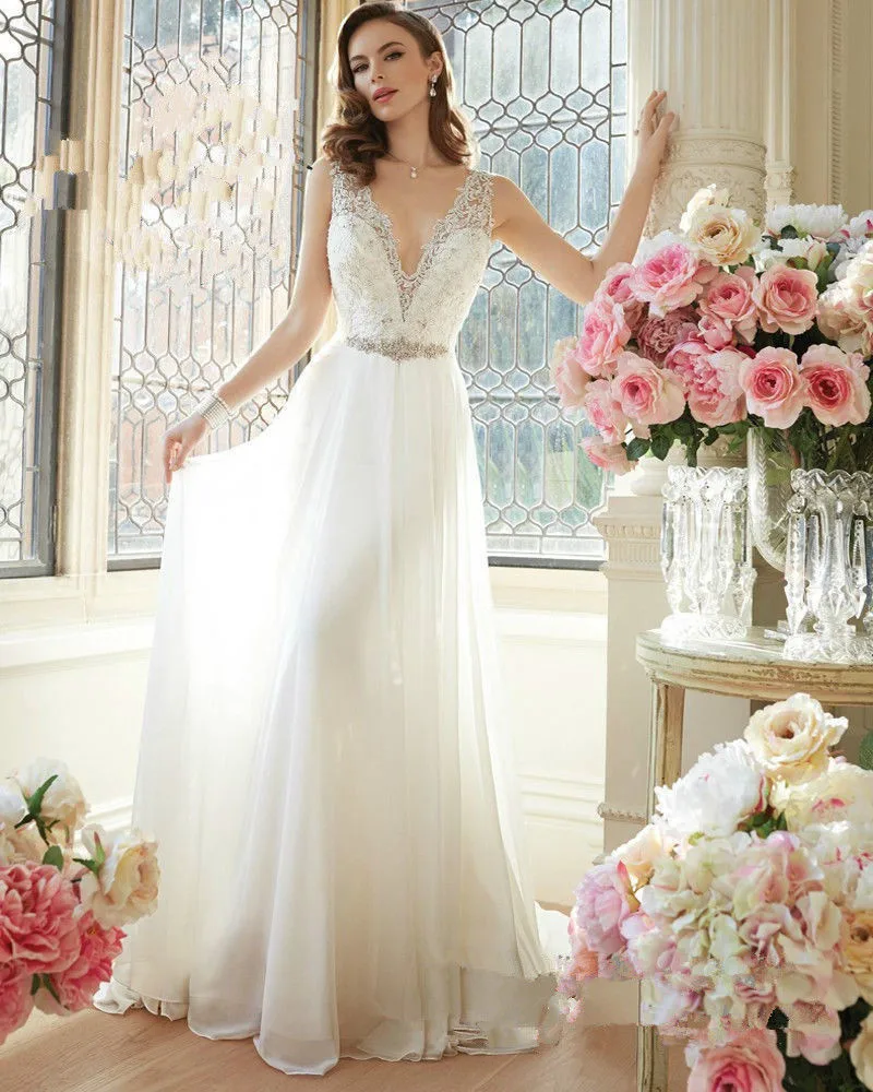 Элегантное шифоновое кружевное платье с v образным вырезом и кристаллами Vestidos De