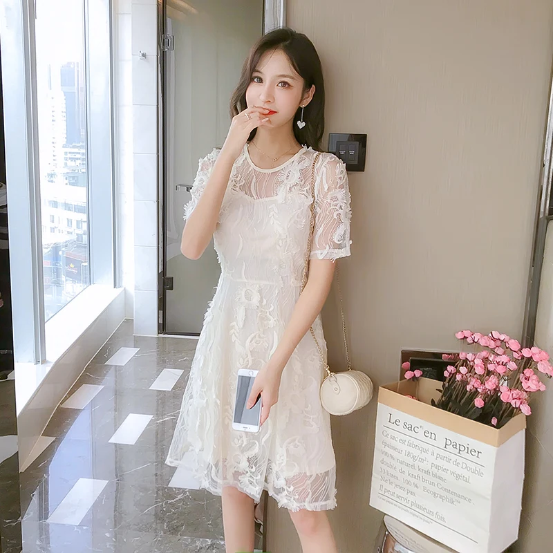 Новинка Весна 2019 корейское однотонное шелковое газовое платье с коротким
