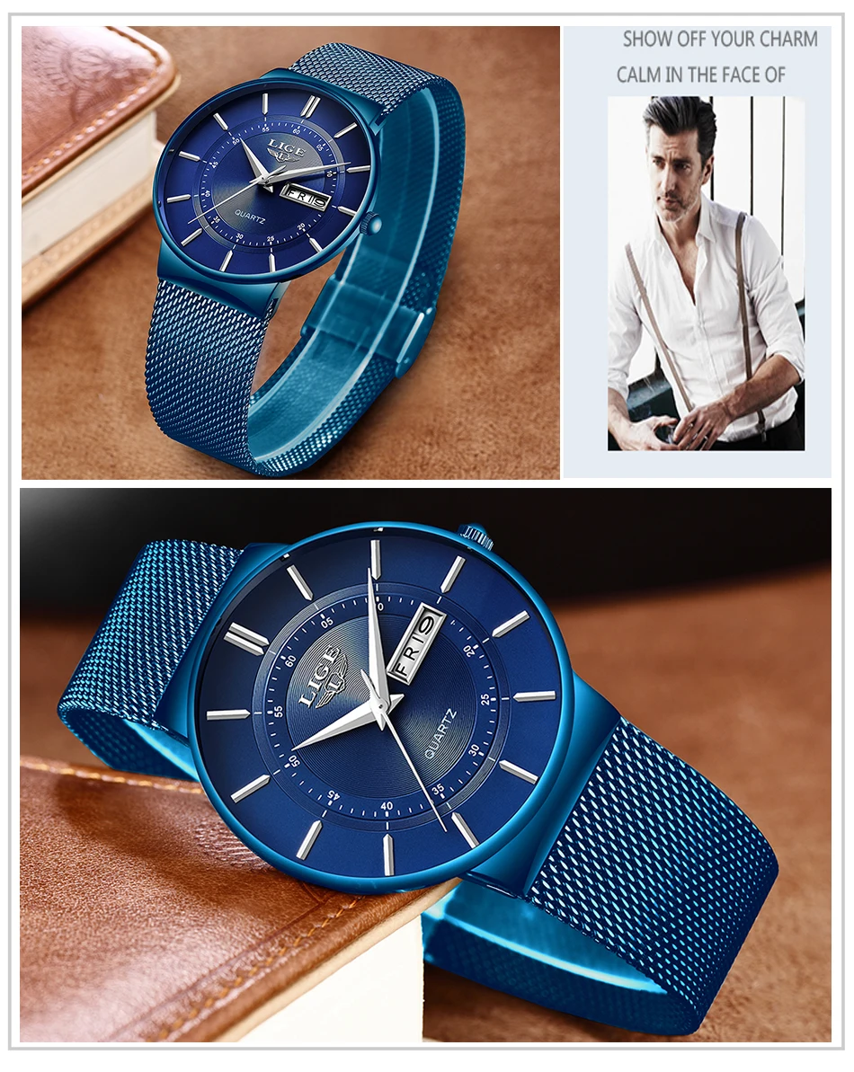 Relogio Masculino LIGE New Mens Watches Top Brand Luxury Ultra Thin Quartz Watch Men Steel Mesh Strap Waterproof Gold Watch