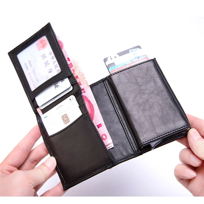 

YAMBUTO Unisex RFID Business Card Wallet Aluminium Box PU Leather Automatic Bounce Metal Wallet Credit ID Card Holder For Travel