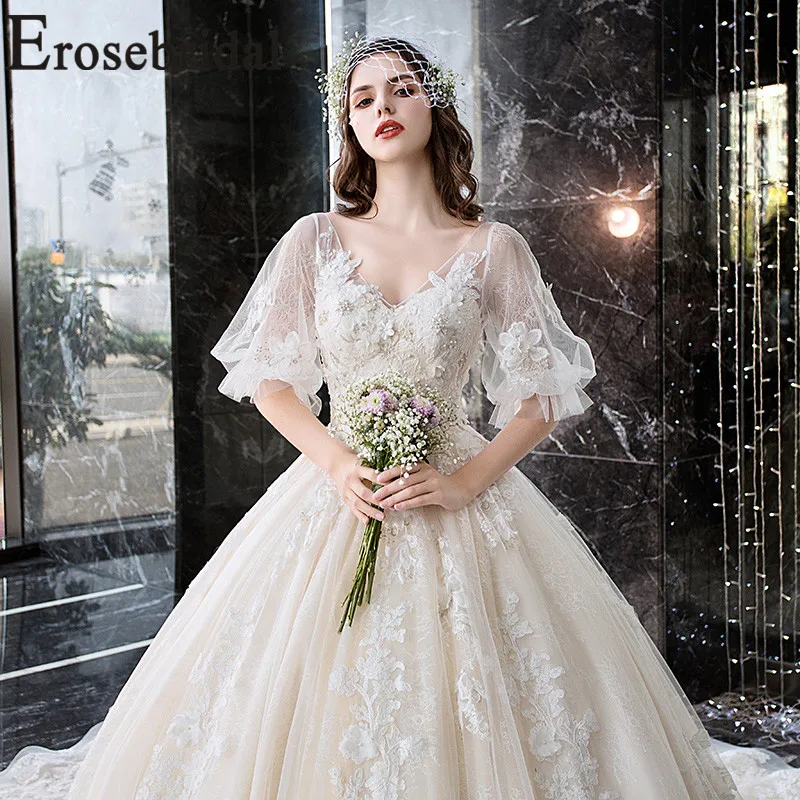 Кружевное бальное платье Erosebridal с длинным шлейфом и рукавами-фонариками 2019 |