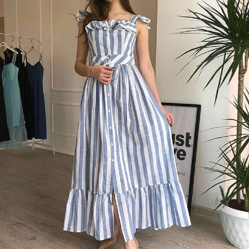 Новый летний Boho Стиль длинное платье Для женщин сексуальная оборками и пуговицы