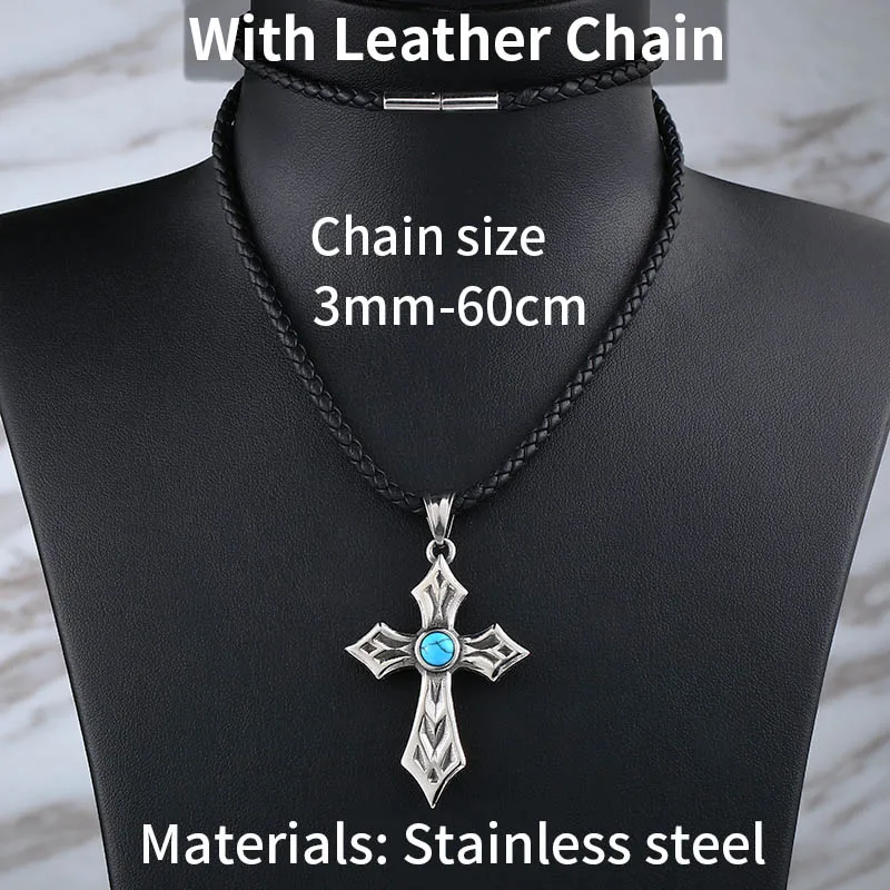 with leather chain Стальной солдат из нержавеющей стали крест кулон натуральный камень кулон ожерелье чокер мужские ювелирные изделия цепи - Окраска металла: with leather chain