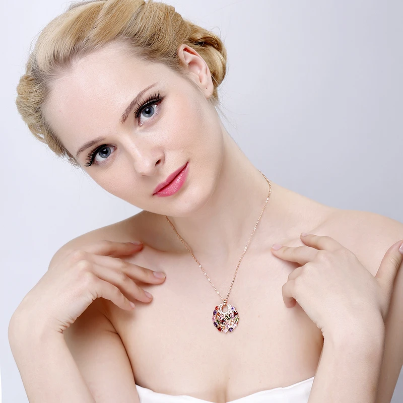 Beagloer Brand Trendy Round Shaped Pendant Necklace Rose Gold Color Multicolor Cubic Zirconia Inlay Female CNL0008-A | Украшения и