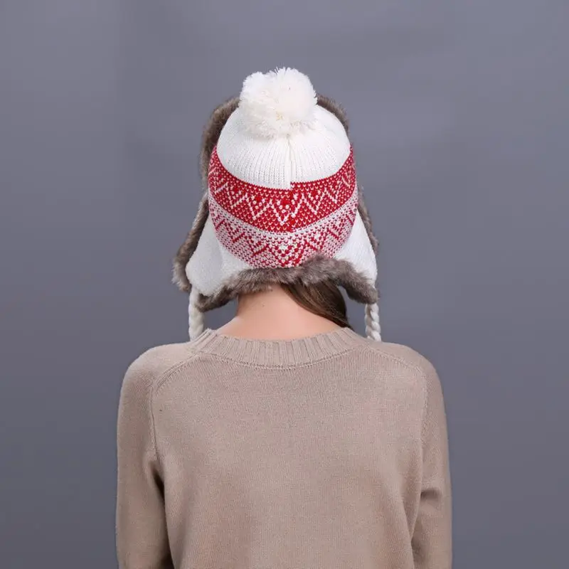 11 Styles Women Winter Thicken Lining Earflap Hat Knitted Contrast Color Snow Ski Beanie Cap Pompom Ball Long Tassels Ear Warmer