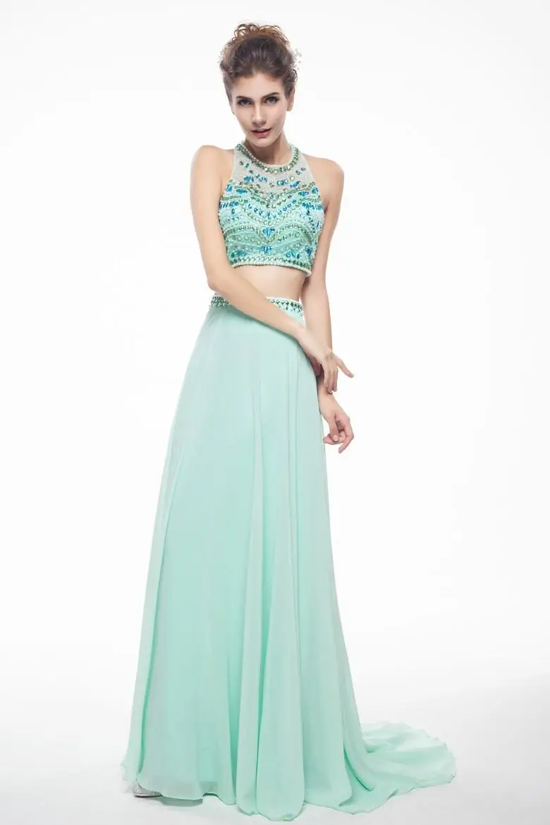 Two Pieces Long Prom Dresses 2015 with Sheer Neck Backless Party Dress Sexy Beading Crystals Mint Evening Gown S1546|dresse|dresses dropshipdress