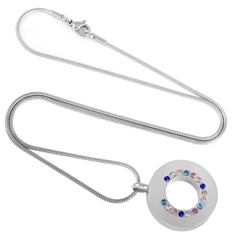 

IJD8195 Multi- color stones inlay Circle Cremation Pendant 316L Stainless Steel Material Funeral Urn for Human/ Animal Ashes