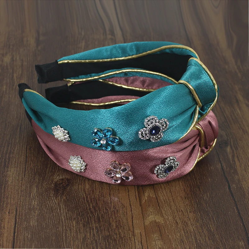 Luxury Fabric Rhinestone Flower Hair Accessories for Women Girls Flash Crystal Headbands Retro Knotted Lady Bands Headdress | Украшения и