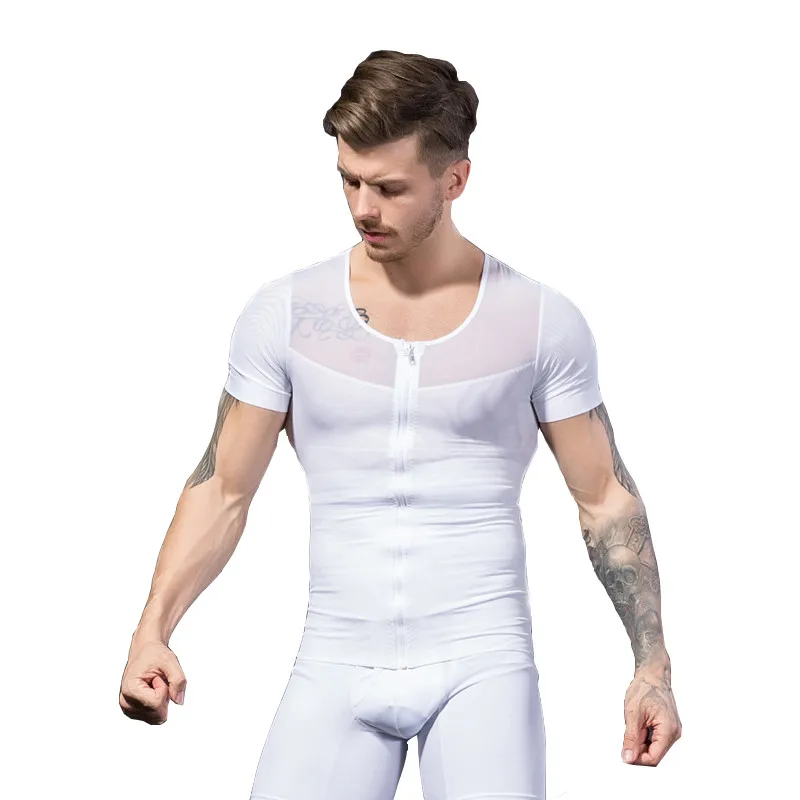 Men Shapers Posture Corrector Vest Belly Abdomen Fat Burn Compression Slimming Tummy Bodybuilding Zipper Design Tshirt Corsets