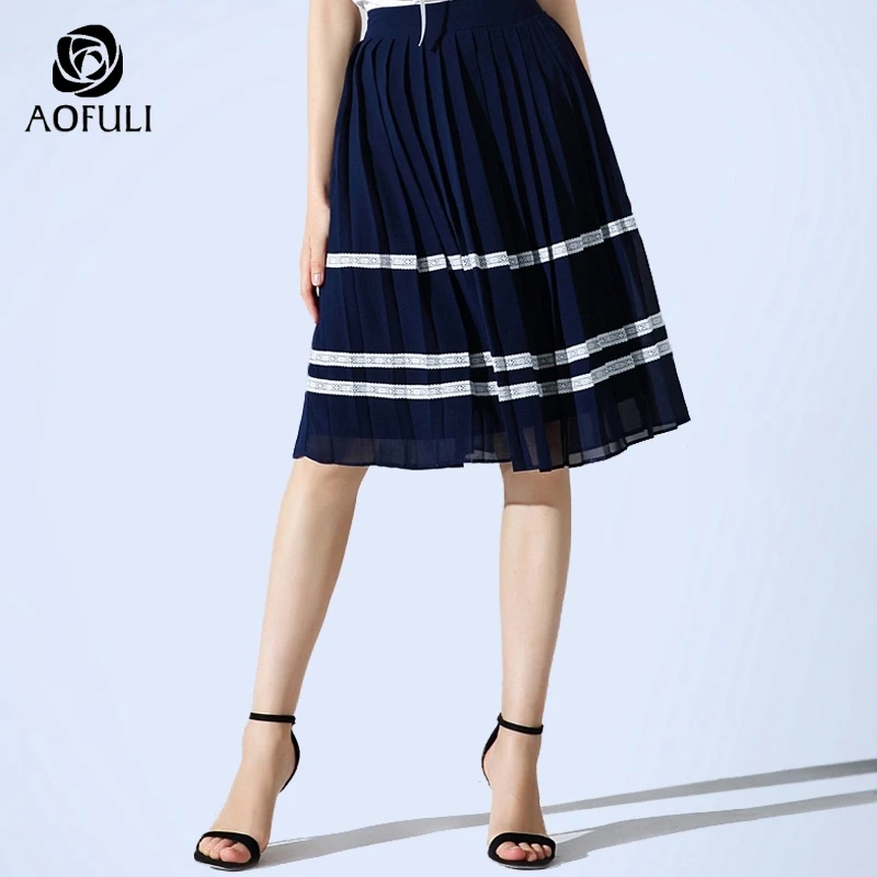 AOFULI L XXXL 4XL 5XL полосатая Юбка До Колена летняя плиссированная юбка женская плюс
