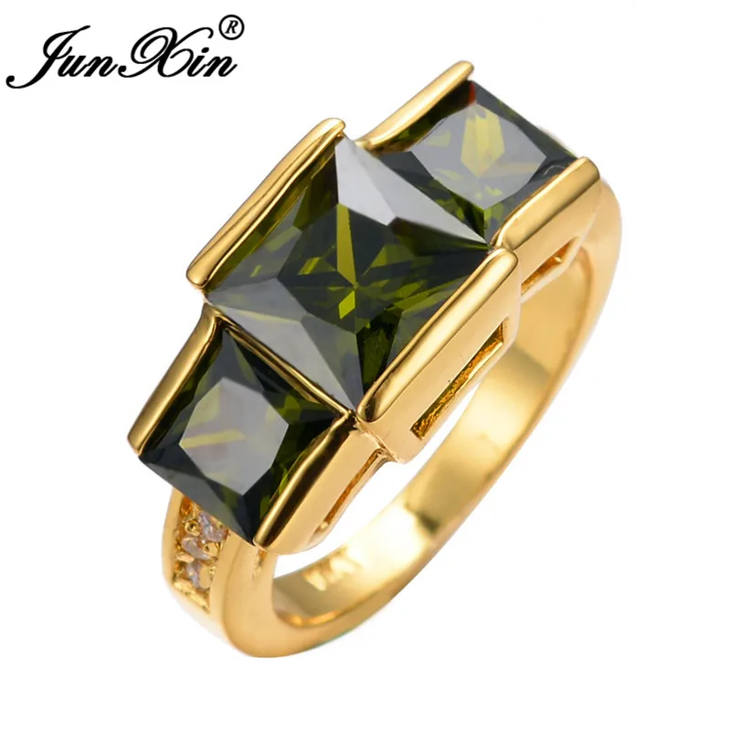 Olive Green Ring JUNXIN роскошный большой камень три квадратных циркония кольца для мужчин и женщин желтое золото Заполненные Фиолетовый/Зеленый Камень Королевский камень ювелирные изделия - Цвет основного камня: Olive Green Ring