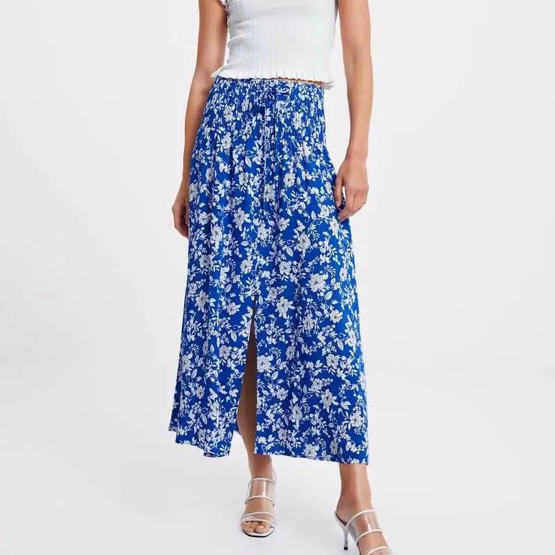 Женские Длинные Юбки Лето 2019 Новая мода синий цвет белый цветочный принт