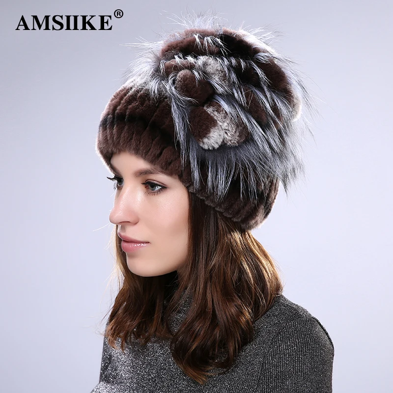 AMSIIKE Меховая шапка из Бобра с Бубоном Чернобурки TM712|winter woman cap|womens fashion capknit beanie hat |