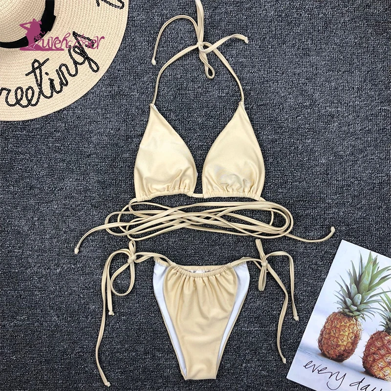 Lurehooker Sexy Mini Lace up Bikini Set Fashion Bandage Swimwear Women Low Waist Two Piece Halter Swimsuit Solid |