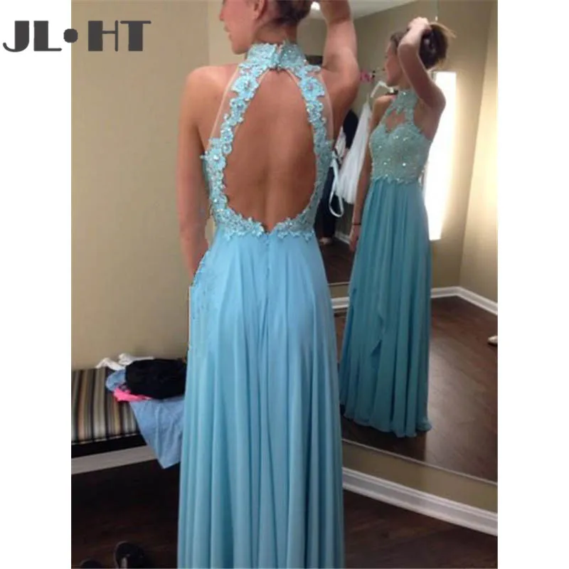 Unique Light Blue Evening Dress Chiffon Prom Dresses Sleeveless Appliques Long Hollow Back Gowns Custom Made | Свадьбы и торжества