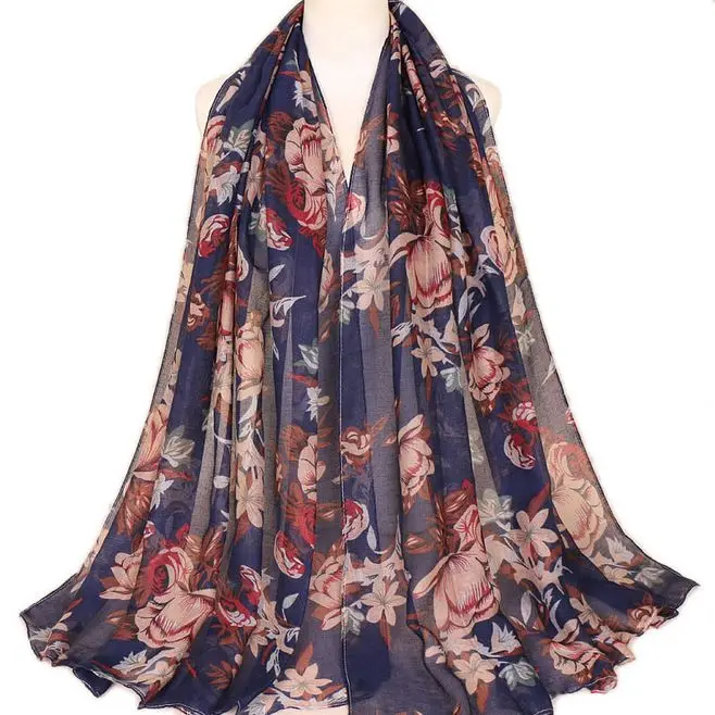 navy blue Новинка, Балийские хлопковые хиджабы-шарфы с принтом для женщин, повседневный длинный тонкий шарф, мусульманская накидка, Цветочный платок, арабский этнический головной убор, 180x80 см - Цвет: navy blue