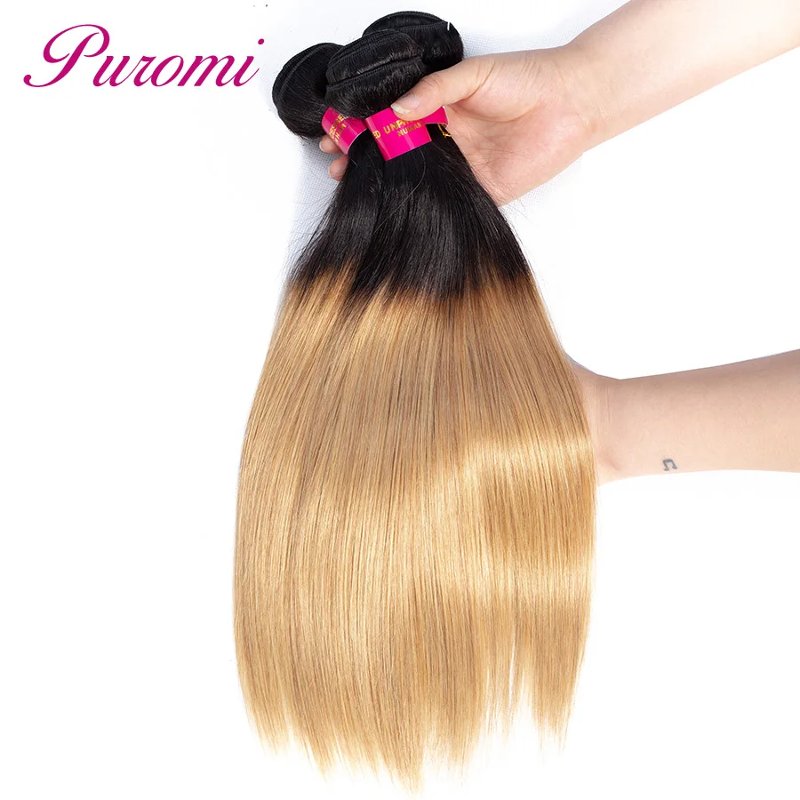 Puromi Ombre Пучки Волос Honey Blonde T1b/27 перуанский 3 Связки прямые волосы человеческих