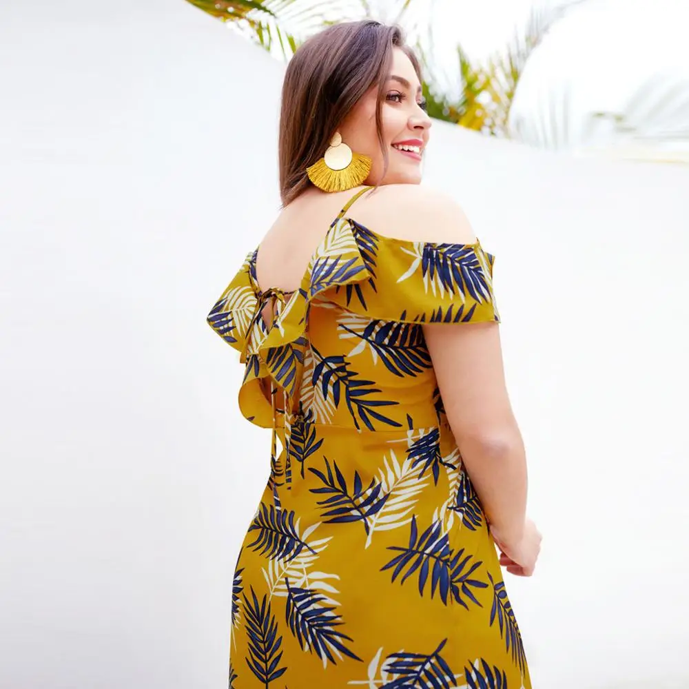 Большие размеры Boho Leaf Print женское длинное Макси летнее платье с v образным вырезом