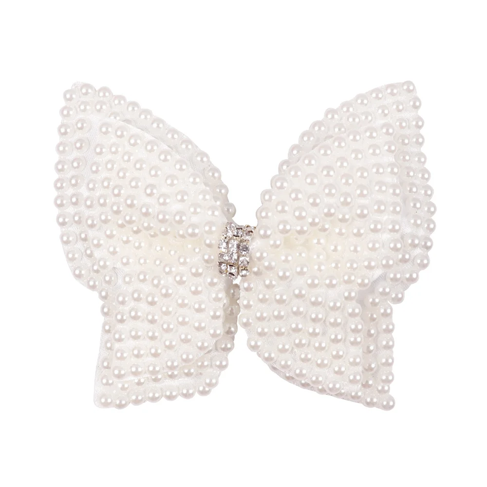 Boutique Lovely White Pearl Hairbow Solid Chic Bowknot With Clips Central Rhinestone Hairbows For Princess Hair Accessories | Аксессуары