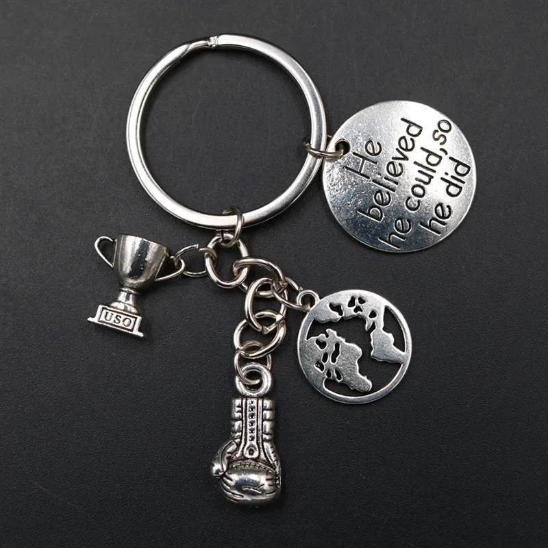 

1pcs He Believed He Could So He Did Charm Trophy Hip Hop Style Key Ring Boxing Gloves Sports Metal Keychain DIY Jewelry Gift
