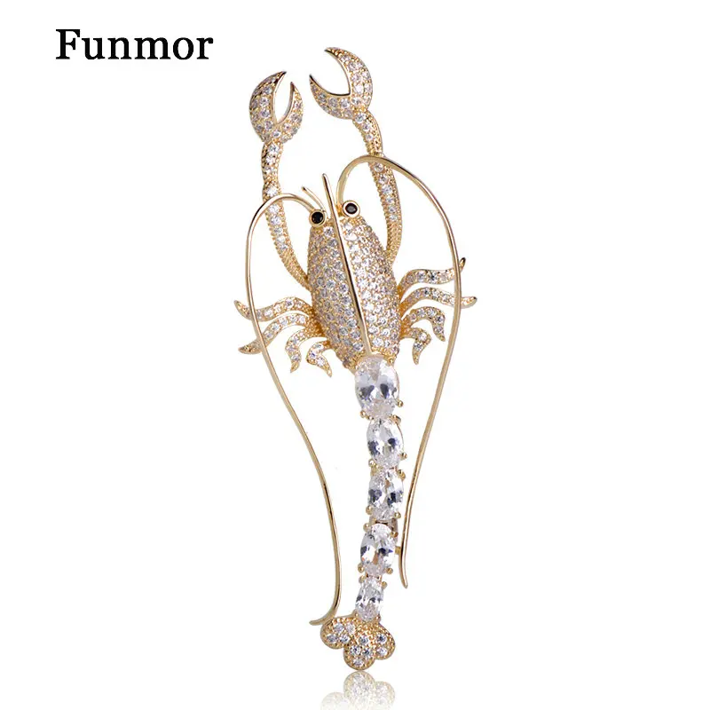Funmor Роскошные фианиты броши &quotЛобстер&quot булавки серебряный цвет унисекс Медь