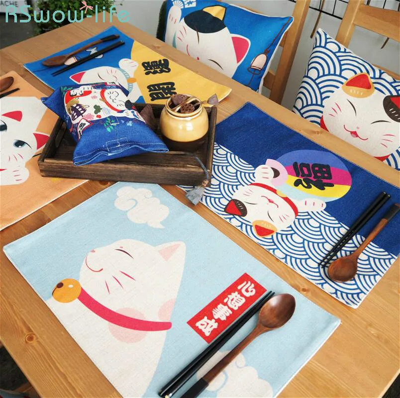

Chinese Lucky Cat Placemat Cotton Linen Art Table Insulation Pad Anti-scalding Tableware Family Kitchen Supplies