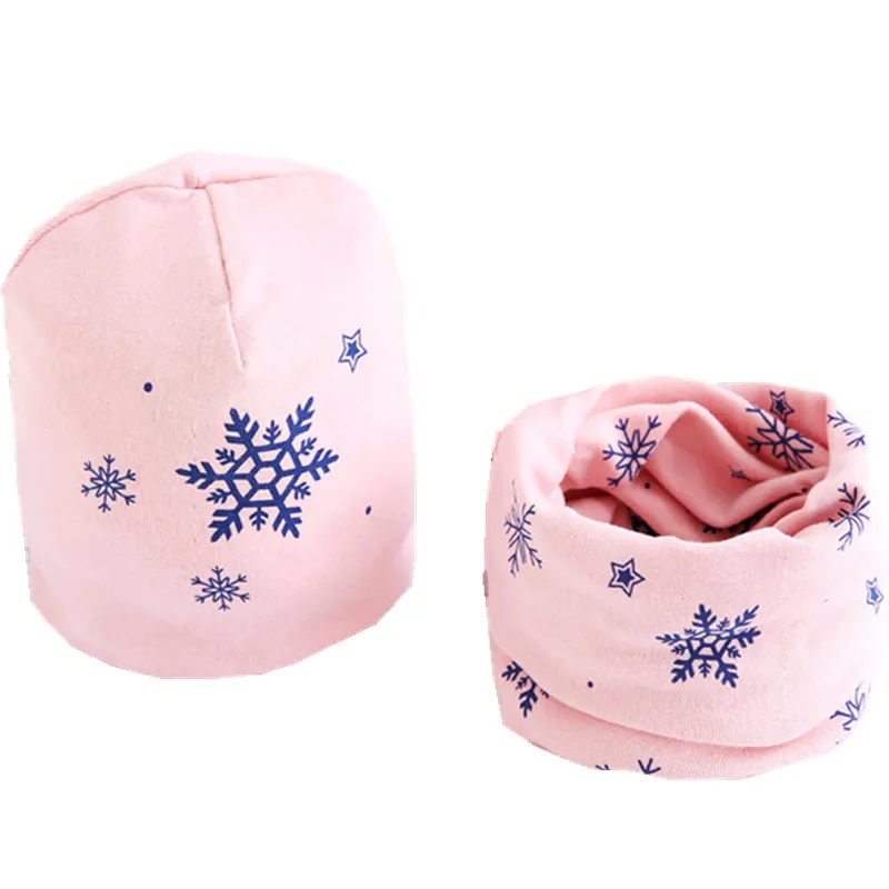 pink snow hat scarf Новая весенне-Осенняя шапка для девочек, шарф, комплект с рисунком совы, звезды, лебедя, шапка для маленьких мальчиков и девочек, детская шляпа, шарф-воротник, комплект хлопковой детской шапки - Цвет: pink snow hat scarf