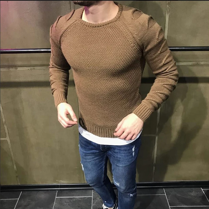 Fashion Winter Autumn Sweater Men Pullover Slim Fit Solid Color Knitted Hole Long Sleeve Jumper Male Elastic Basic Tops | Мужская одежда