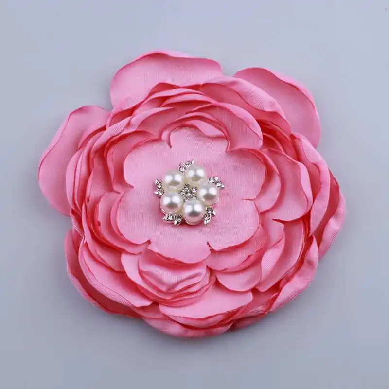Deep Pink 10 шт., 9,2 см, новинка, атласные цветы, стразы, жемчуг, аксессуары для волос, шифоновые цветы для повязки на голову - Цвет: Deep Pink