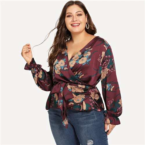 Multicolor1 COLROVIE размера плюс цветочный принт самозавязывающаяся Талия блузка рубашка женская одежда Весенняя мода v-образный вырез рубашки элегантные женские топы - Цвет: Multicolor1