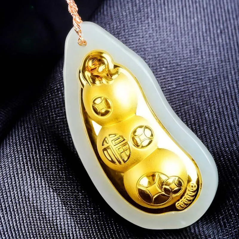 

XinJiang Hetian Jade Peaceful bean Pendant Drop Shipping Gold Jade Pendant Necklace For Women Men 24K Gold Jewelry Gift