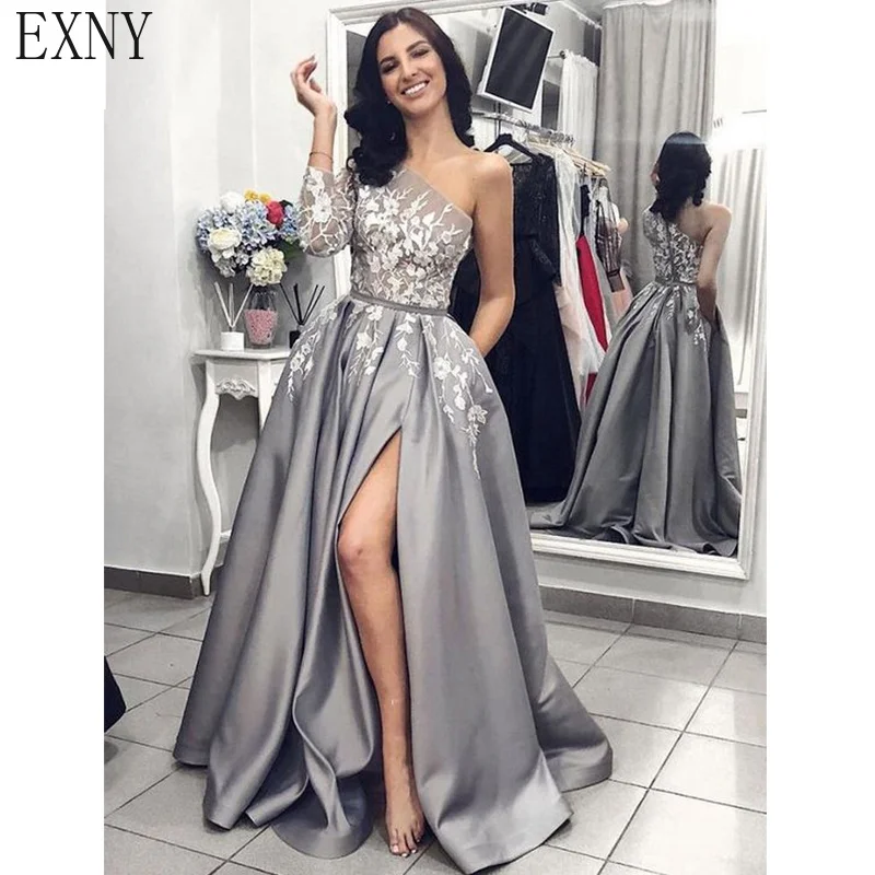 EXNY серый Атласное Вечернее платье 2019 A-Line сексуальный Сплит белый кружева длинный