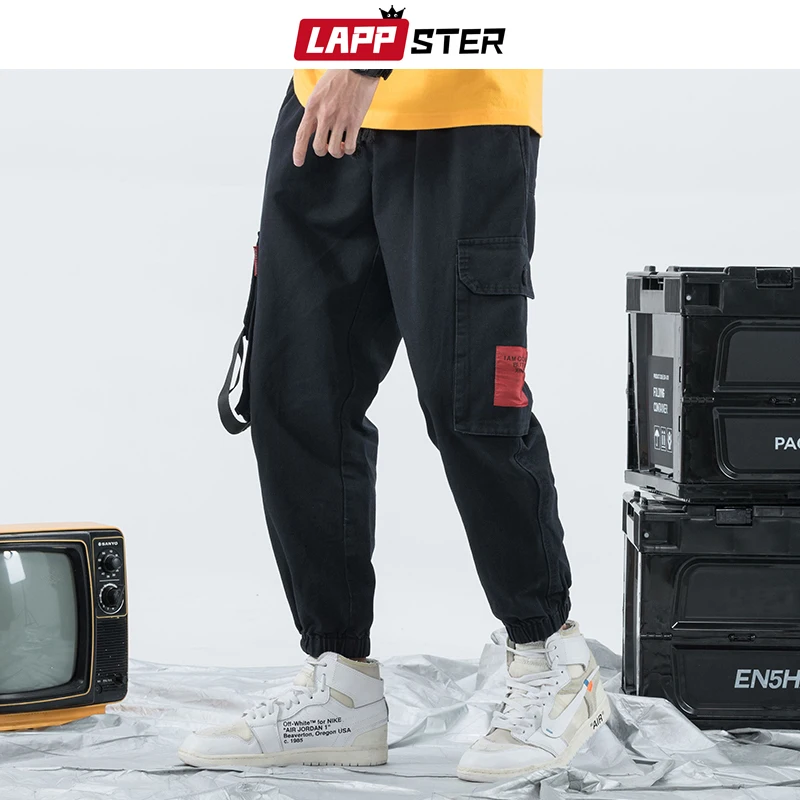 Брюки карго LAPPSTER мужские черные с лентами 2020 шаровары комбинезоны в стиле хип хоп