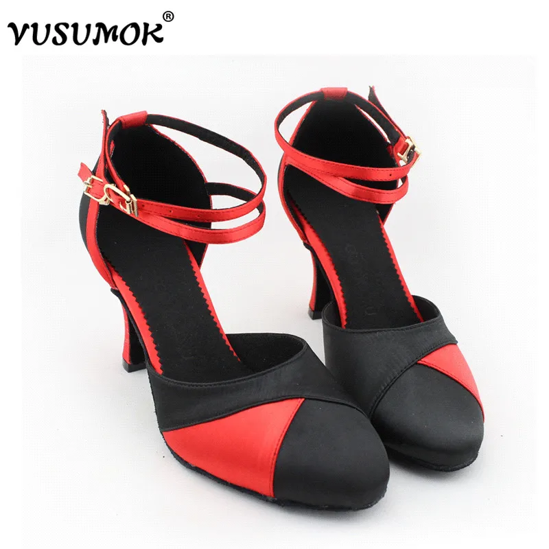 Танцевальные туфли VUSUMOK для бальных танцев Латинский танец Сексуальный Сальса Вечеринка Квадратный черный красный Женщины Девушки Дамы 2017 Новинки