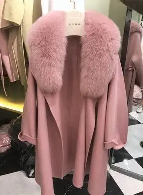 pink Европейская и американская мода поясанные женские длинные из шерсти ягнёнка, кашемир пальто с воротник из натурального меха - Цвет: pink