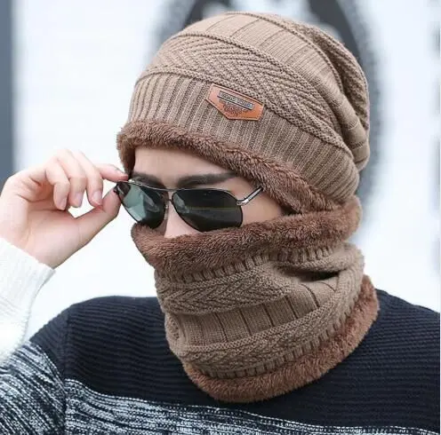 RUHAO Skullies Beanies 2pcs ski cap scarf cold warm leather winter hat for women men Knitted hat Bonnet Warm Cap