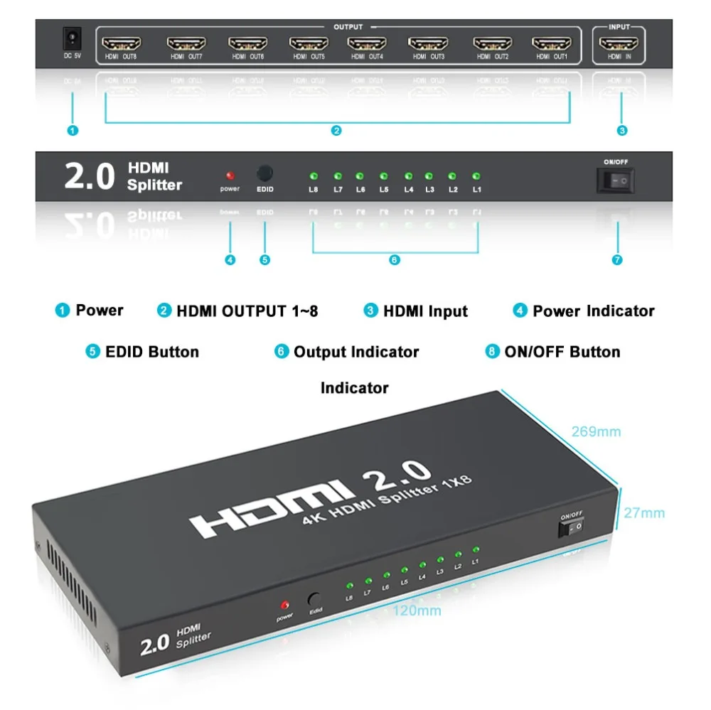 HDMI 2 0 сплиттер 1x8 1 вход 8 Выход усилитель переключатель коробка концентратор HDMI2.0