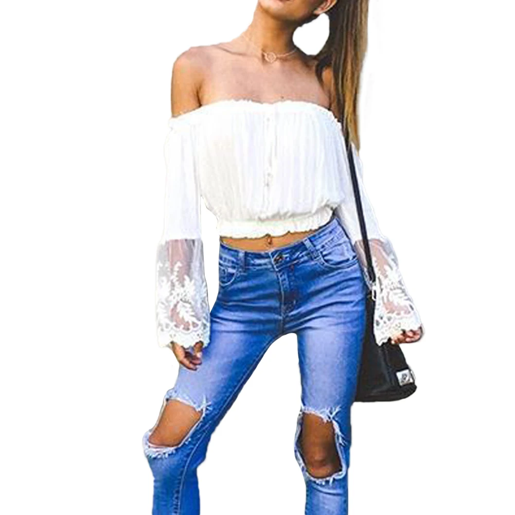 Женская летняя футболка шифоновая Кружевная с расклешенными рукавами