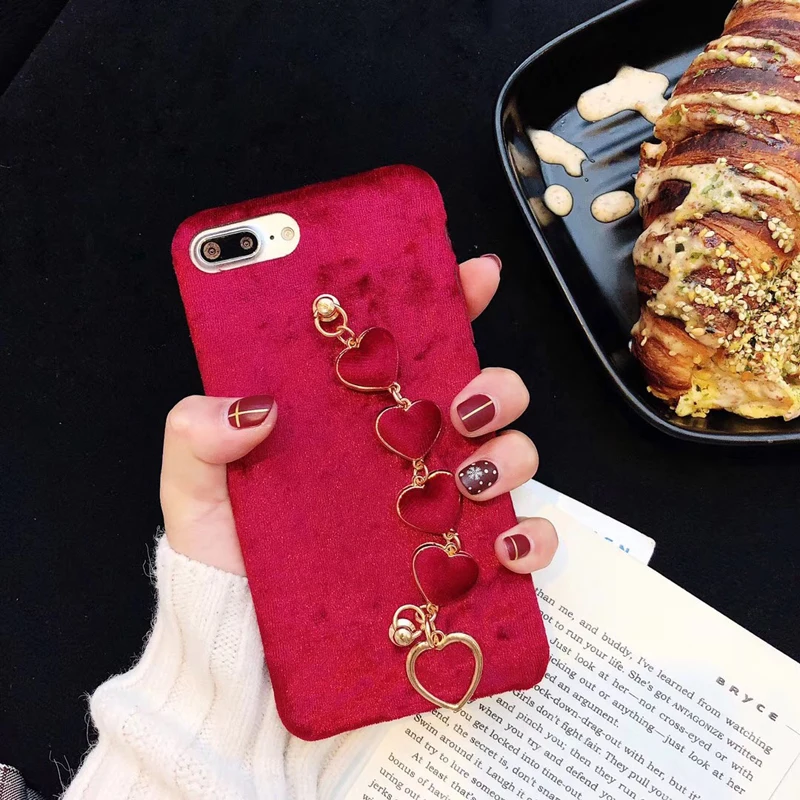 Red Warm Cloth Fur Phone Cases For iPhone X 7 8 6 6S Plus Love Heart Hand Strap Back Cover iPhoneXs Xr Xsmax | Мобильные телефоны и