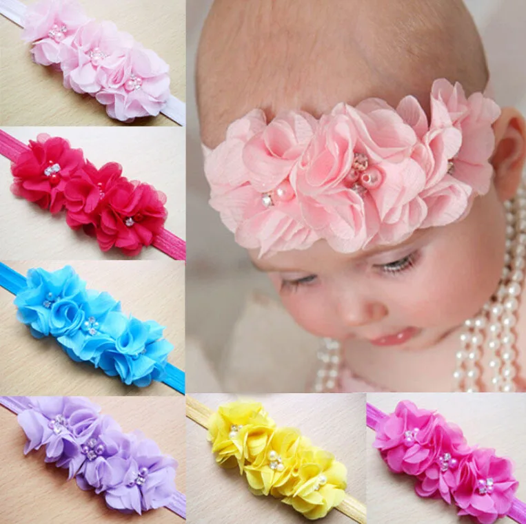12PCs per Set 12Colors Baby Girls Pinkbabi Three Chiffon Flowers Headband Handmade Free Shipping | Детская одежда и обувь