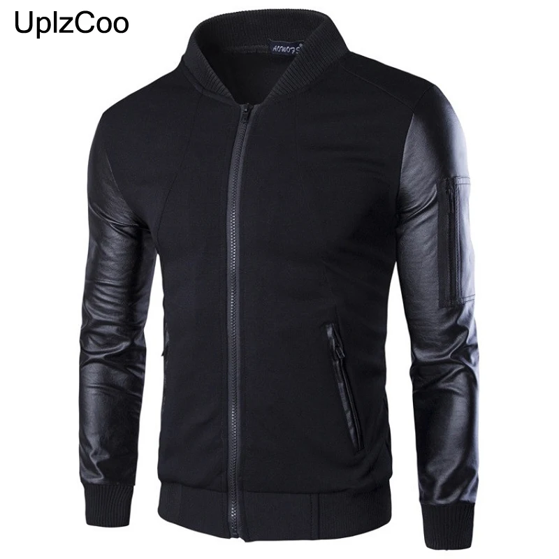 UplzCoo Bomber Jacket Men Coats Patchwork Leather jacket Outerwear Autumn Slim Fit 2018 Brand Male Motorcycle Jackets FM001 | Мужская
