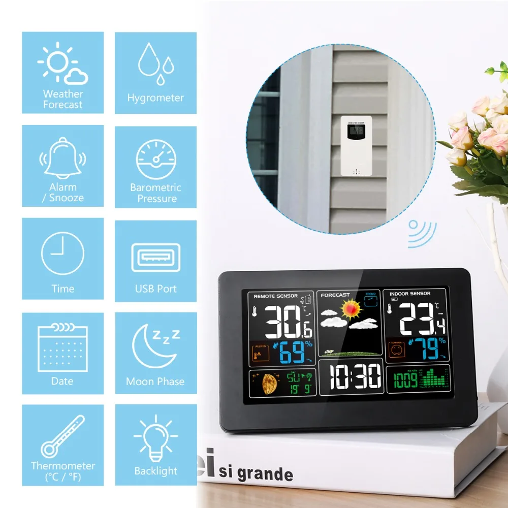 Weather Station Wireless Indoor Outdoor Thermometer Hygrometer Digital Alarm Clock Barometer Forecast Remote Sensor | Дом и сад