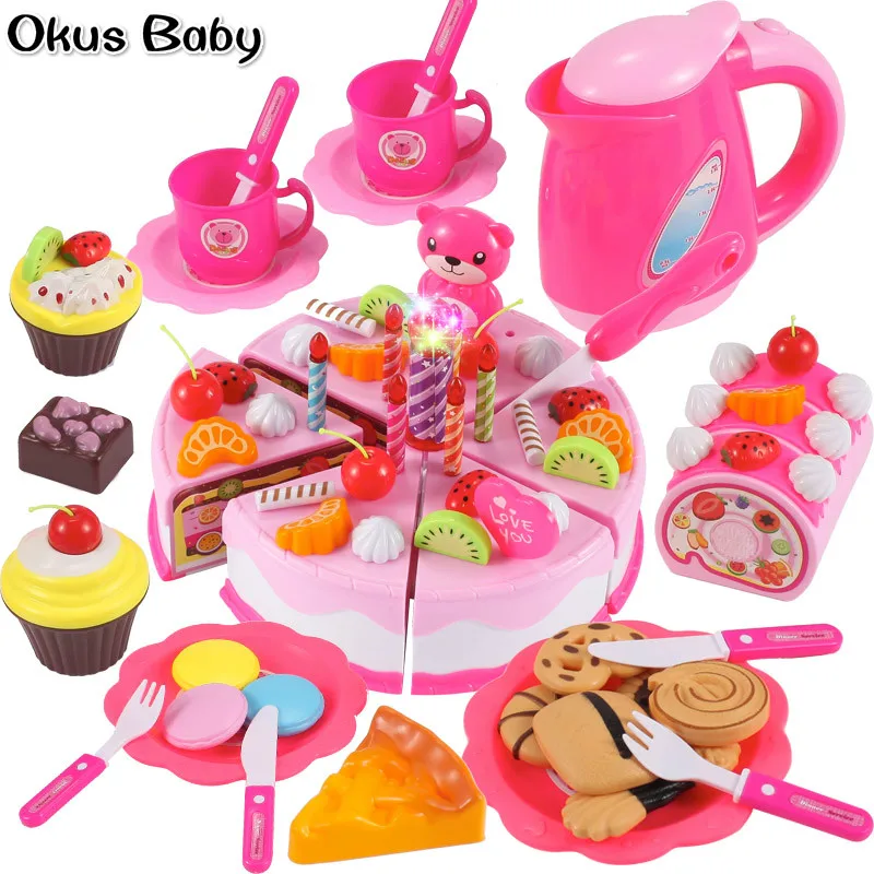 

Newest DIY Pretend Play Fruit Cutting Birthday Cake Kitchen Food Toys Pink Blue Girls Gift for Children
