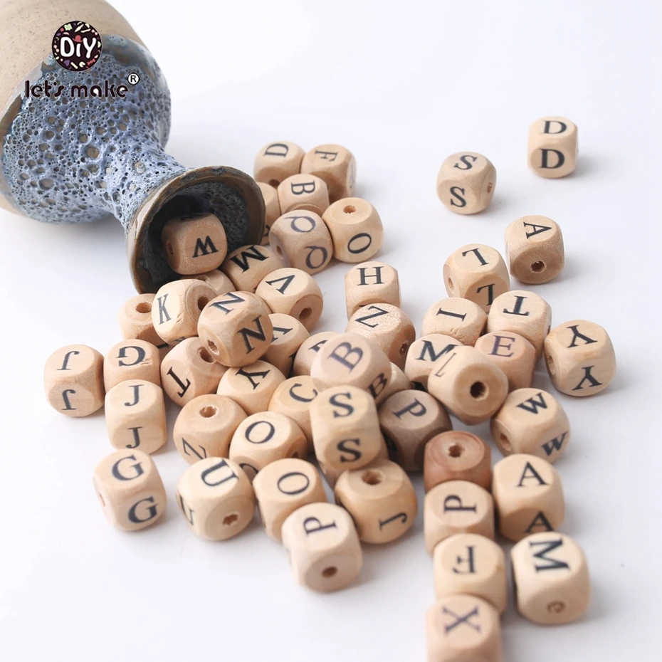 Let's Make Wholesale 500PCS 12mm Square Shape Beech Wood 26 Letter Beads Teething DIY Jewelry Necklace Beads Baby Teethers