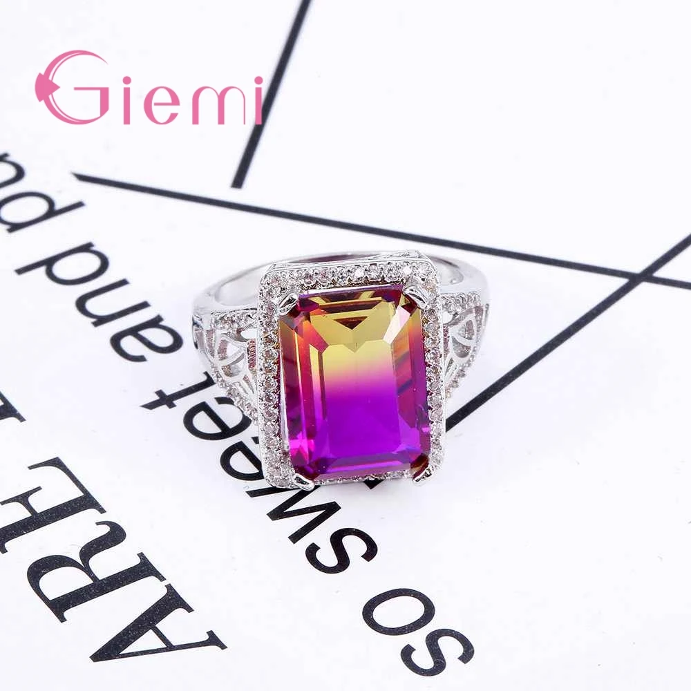 

Hot Sale Wholesale Purple Red Gradient Color Austrian Crystal Stone Ring 925 Sterling Silver Party Women Jewelry