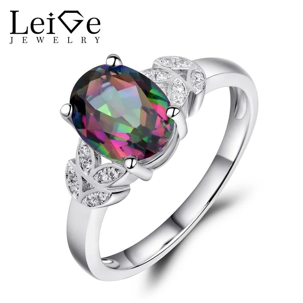 

Leige Jewelry 925 Sterling Silver Mystic Topaz Ring Wedding Anniversary Rings for Women Oval Cut Rainbow Gemstone Fine Jewelry