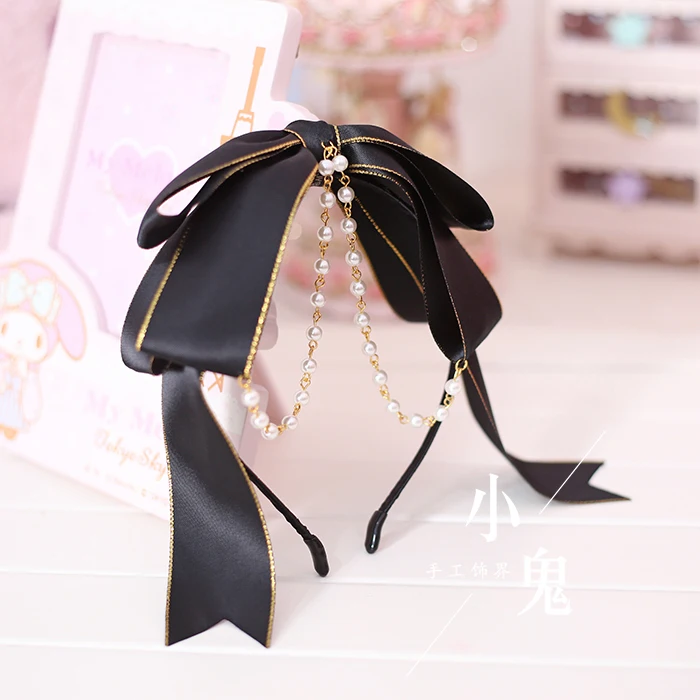 Lolita Headdress Japanese Bow The Head Band Dark Red Black Tire Bead Chain Kc
