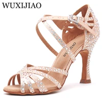 wuxijiao women party dance shoes satin shining rhinestones soft bottom latin dance shoes woman salsa dance shoes heel5cm 10cm